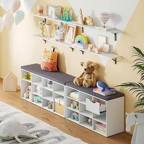 DINZI LVJ Shoe Storage Bench with Cushion, Cubby Shoe Rack with 12 Cubbies, Adjustable Shelves, Multifunctional Shoe Organizer Bench for Entryway, Mudroom, Hallway, Closet and Garage, White 7
