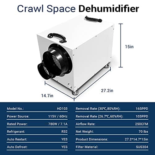 HD103 225 pints Crawlspace Dehumidifiers for Basements, Commercial Dehumidifier for Home, Garages, Water Damage Restoration, dehumidifiers for Crawl Space ETL Listed 7