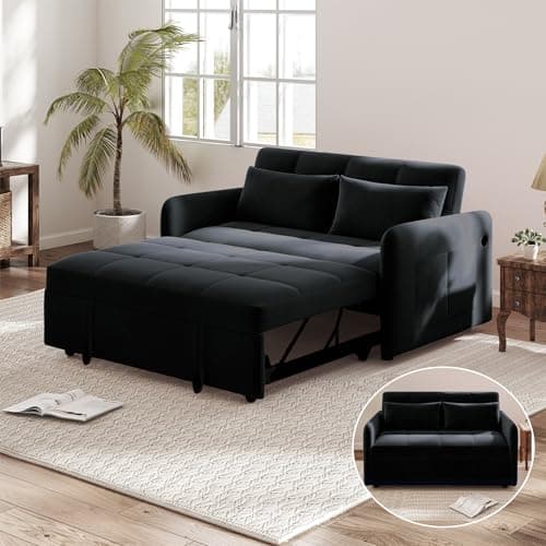 SumKea Convertible Sleeper Sofa Bed, 55.9'' Velvet Pull Out Couch Bed, Modern 3 in 1 Loveseat Sofa with Multi-Functional, Reclining Adjustable Backrest and Pillows, Black