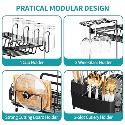 Urackify 2 Tier Dish Drying Rack, Expandable Dish Rack, Extandable Dish Drainer for Kitchen Counter with Drainboard, Plate Rack Organizer with Utensil Holder, Wine Glass Holder, Black 5