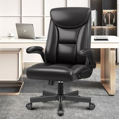 BestEra Executive Office Chair, Leather Ergonomic Office Chair Big and Tall Home Office Desk Chairs with Adjustable Flip-Up Arms Computer Chair (Glossy Black)