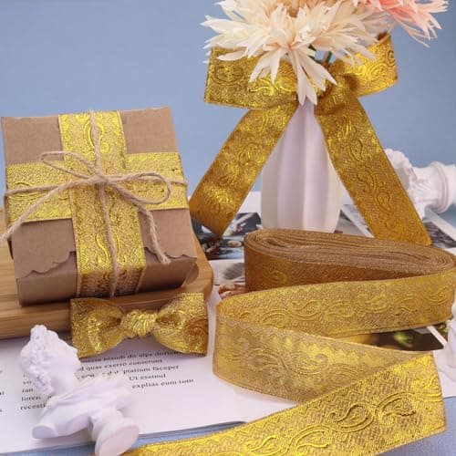 Vintage Jacquard Ribbon 8 Yards Golden Jacquard Ribbon Trim Boho Jacquard Ribbon for Sewing Curtain Holdbacks Christmas Wreath Gift Wrapping