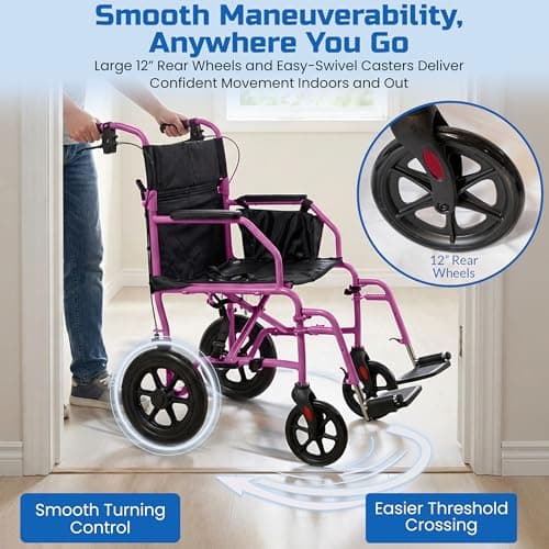 Platinum Health Hummingbird™ Ultra-Lightweight Foldable Transport Wheelchair, Handbrakes,12-Inch Rear Wheels, Extra-Wide Seat. Convenient Table-Length Padded Armrests. (Sunrise Pink) 8