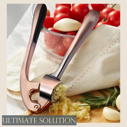 Kitessensu High Effective Premium Garlic Press Set, With Silicone Garlic Peeler & Brush, Heavy Duty Garlic Mincer, Easy to Squeeze and Clean, Rust Proof & Dishwasher Safe - Bronze 6