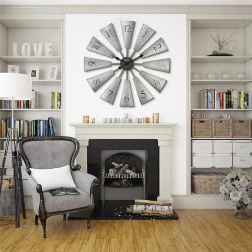 CLXEAST 30 Inch Large Farmhouse DIY Windmill Decor Wall Clock, Adjustable Size 24"/26"/28"/30"/32", 24 Inch Wall Clock for Living Room Decor,Wall Art Decor, Galvanized Plastic 8