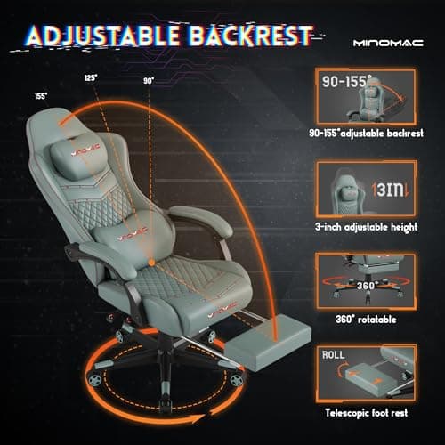 MINOMAC Gaming Chair,Ergonomic Computer Gaming Chair,400lb Load-Bearing,Retractable Footrest/Waist Support/Ergonomic Backrest[Spring + 4D Sponge] (Green) 6