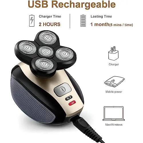 Bald Shavers for Men - Telfun Upgrade 5-in-1 Electric Head Shavers for Bald Men, 100% Waterproof Cordless Razor, Wet/Dry Shaving, 5 Dual Track Heads, Mess-Free Hair Capture 6