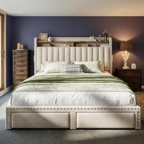 EnHomee Queen Size Bed Frame, Upholstered Queen Bed Frame with 2 Storage Drawers and 2-Tier Headboard, Vertical Tufted Headboard Design, Extra Storage Space for Bedroom Apartment, Beige 6
