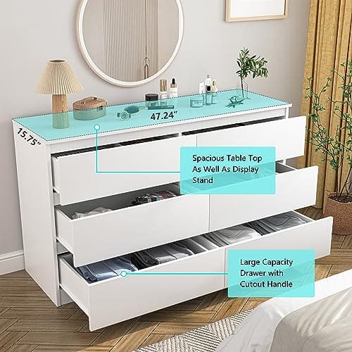 Vibe & Dine White Dresser 6 Drawer, Modern Double Dresser for Bedroom, Wood Chest of Drawers with Wide Storage for Living Room 5