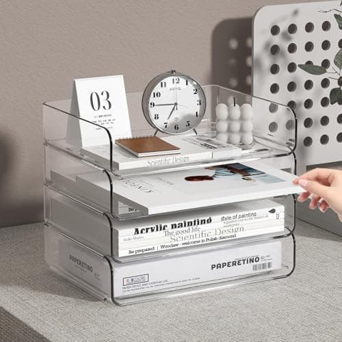 FANXIYQ 4-Tier Acrylic Paper Tray Organizer - Low-Profile Desk File Sorter for Office/Home, Clear Stackable Letter Tray for Bills, Crafts, Notebooks 6