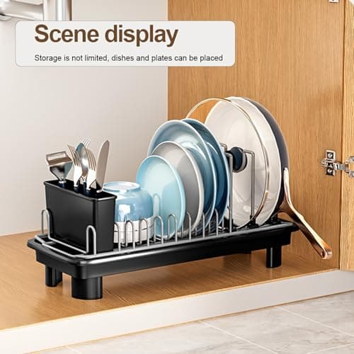 liucocotos Compact Dish Drying Rack for Countertop, Small-Sized for Dorms, RVs & Tiny Kitchens, Auto-Drain, Adjustable Slots, Rust-Resistant with Utensil Caddy & Sponge Holder (Black) 6