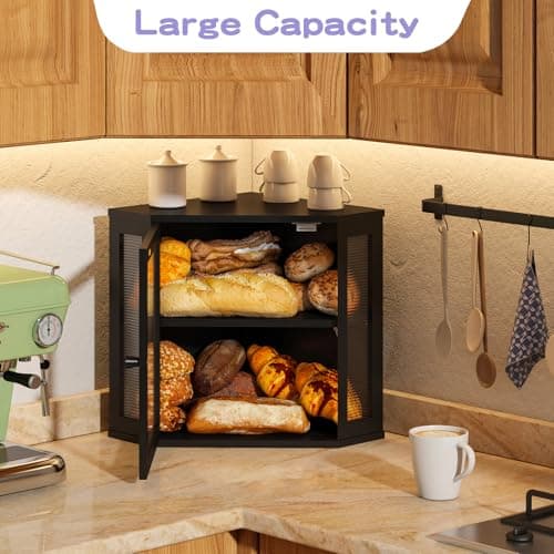 Wieghda Corner Bread box for Kitchen Countertop,Farmhouse Acrylic Wavy Door Panel Food Storage Large White Bread box Container 5