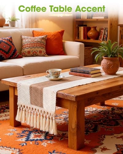 Pureegg Farmhouse Boho Table Runner - 60 Inches, Linen-Textured Woven Tassel Design for Dining Table Decor, Kitchen, Coffee Table & Living Room, 12 x 60 Inch, Brown 7