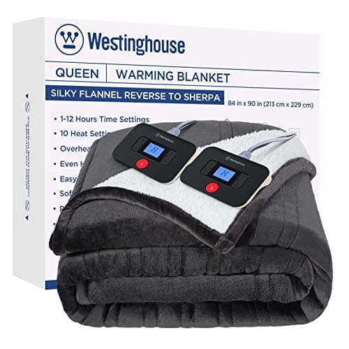 Westinghouse Electric Blanket Queen, Heated Blanket Queen Size with 10 Heating Levels and 1 to 12 Hours Heating Time Settings, Flannel to Sherpa Reversible, Machine Washable (84" x 90", Charcoal)
