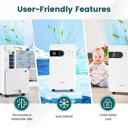 COSTWAY 2,500 Sq. Ft Dehumidifier for Basement, 32 Pints Home Dehumidifier with Wheels, Sleep Mode, 24H Timer, 3-Color LED Indicator Light & Child Safety Lock 7