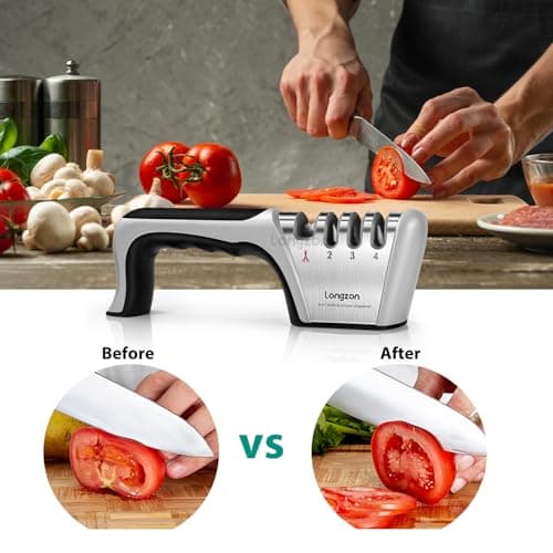 Longzon 5-in-1 Knife Sharpener [4 Stage] with a Pair of Cut-Resistant Glove,Original Premium Polish Blades, Best Kitchen Knife Sharpener Works for Fruit and Steel Knives, Scissors(Black+Silver) 7