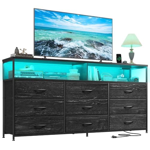 Romorgniz 55" W Dresser for Bedroom with 9 Drawers, LED TV Stand with Power Outlets for 45, 55, 65 Inch TV, Sturdy Long Chest of Drawers with Extra 2 Wooden Shelves, Grain Black
