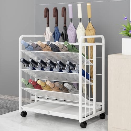 Natwind Umbrella Holder for Entryway,Large Umbrella Stand with Wheels,Shoe Holder,Commercial Umbrella Organizer Rack with Drip Tray for School,Office, Hotel, Library Indoor Entrance,White