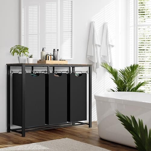 Simple Houseware 3-Section Laundry Sorter with Tabletop Shelf, 3 Pull-Out 10-Gallon Hampers, Metal Frame Laundry Organizer for Bedroom, Bathroom, Rustic Brown 6