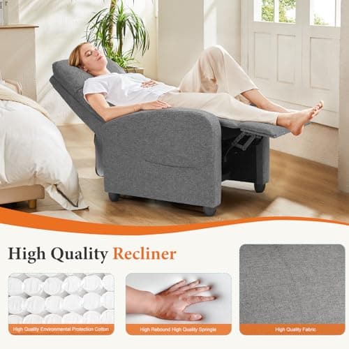 Sweetcrispy Recliner Chair Fabric Recliner Sofa No Massage, Home Theater Seating with Lumbar Support, Adjustable Push Back Overstuffed High-Density Sponge Reclining for Living Room, Slate Gray 7