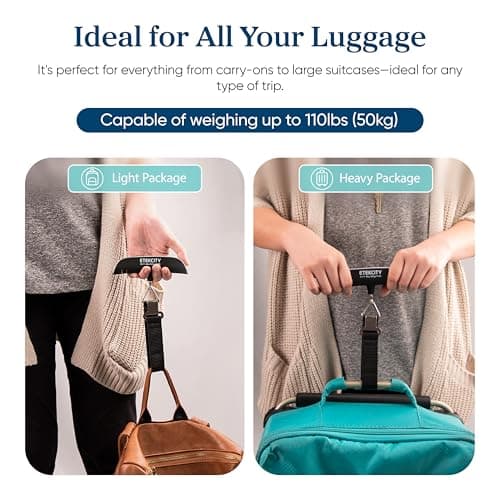 Etekcity Luggage Scale, Travel Essentials, Digital Suitcase Weight Scales for Travel Accessories, Hanging Baggage Scale with Temperature Sensor, Rubber Paint, 110 Pounds, Battery Included, Blue 7
