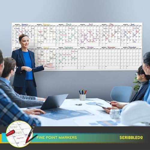 Extra Large 100"x36" Dry Erase Monthly Planner – 12-Month Whiteboard Calendar Includes 6 white Board Markers Eraser Push Pins & Mounting Tape 5
