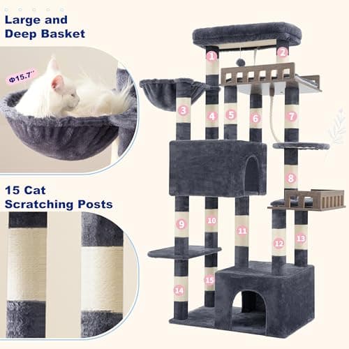 Gitelsnour Maine Coon Cat Tree, Heavy Duty Cat Tree for Indoor Cats Large Adult, Cat Tower for Large Cats 20 lbs+ with Hammock, 2 Big Perches, 2 Cat Condos, 15 Scratching Posts, Smoky Gray GCT033G 6