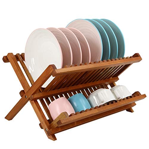 Utoplike Teak Dish Drainer Rack Collapsible 2 Tier Dish Rack Dish Drying Rack Foldable Plate Organizer Holder for Kitchen Compact Countertop
