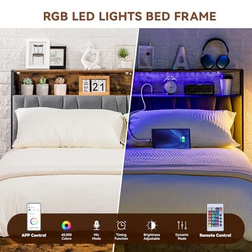 COMHOMA Queen Size Platform Bed Frame with LED Lights and Charging Station, Storage Headboard and Footboard Drawers, No Box Spring Needed, Rustic Wood Look 5