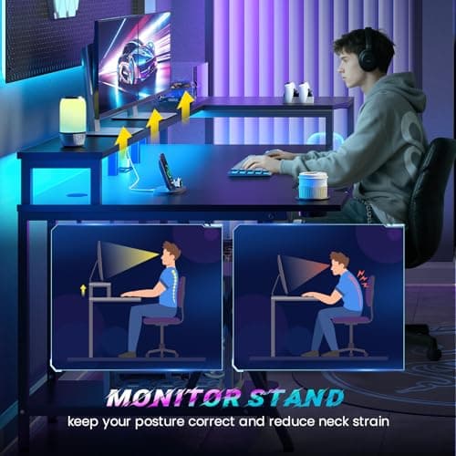 SEDETA Gaming Desk 70.8'' with LED Lights and Storage Shelves, Computer Desk with Monitor Stand, Power Outlets and Cup Holder, Large PC Gamer Desk, Gaming Table for Bedroom, Living Room, Black 8