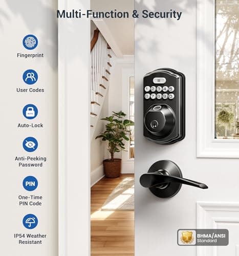 Veise Fingerprint Door Lock with 2 Lever Handles - Keyless Entry Door Lock, Electronic Keypad Deadbolt, Digital Smart Code & Front Handle Sets, Auto-Locking, Easy Installation, Matte Black 5