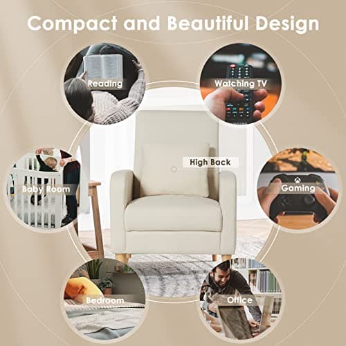 COLAMY Mid-Century Modern Upholstered Accent Chair with Back Pillow & Solid Wood Legs, Fabric Cozy Armchair for Living Room, Bedroom, Reading Nook, Apartment & Small Spaces, Beige 7