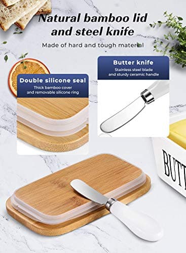 Butter Dish with Lid, Large Butter Container for Countertop, Ceramic Butter Holder for Counter, Butter Tray Butter Keeper with Knife and Sponge Scrubber, Perfect for 2 Sticks of Butter, White 5