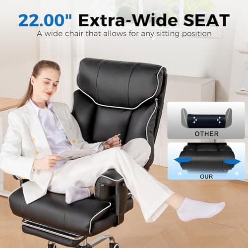 COMHOMA Big and Tall Office Chair 400lbs High Back Leather Executive Chair with Ergonomic Lumbar Support & Pocket Spring Cushion for Lower Back Pain Relief, White Black 7