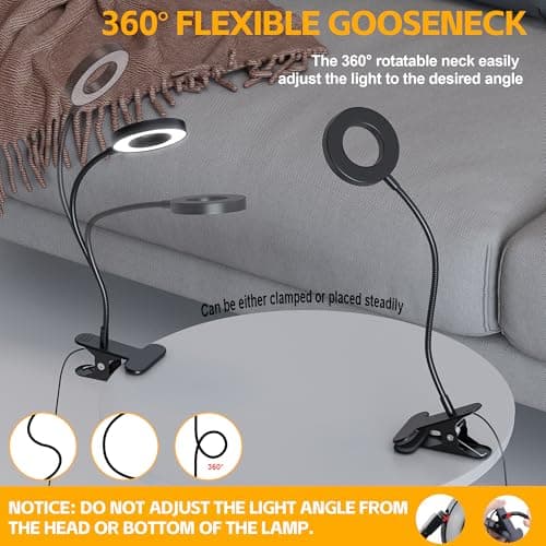 Foneso Desk Lamp Clip on Light, 48 LED USB Lamp with 3 Color Modes 10 Brightness Levels, 360° Flexible Gooseneck Eye Protection Bed Night Light for Reading, Makeup, Craft (Black) 8