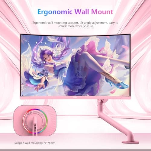 DJiEX 27 inch Curved Pink Gaming Monitor 100Hz,QHD(1920 ×1080),1ms,1500R,VA Screen,FreeSync,Low Blue Light, Flicker Free,Eye-Care, DP, HDMI Port for Gaming Home Office,Supports Wall Mount (75 * 75mm) 6