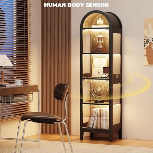 BROTTAR 71" Tall Arched Display Cabinet with Glass Doors, Curio Cabinet with LED Lights for Collectibles, Books, 5-Tier Showcase Glass Display Case with Human Body Sensor for Living Room, Black 8