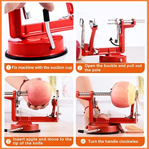 Apple Peeler Corer, Long lasting Chrome Cast Magnesium Alloy Apple Peeler Slicer Corer with Stainless Steel Blades and Powerful Suction Base for Apples and Potatoes(Red) 5