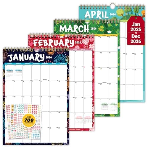 Decorably 12 Months Colorful Academic Vertical Wall Calendar January to December 2026, 10x14.5in Spring-Bound Sheets with Inspirational Quotes and Stickers for Office, Home & School