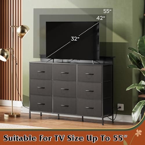 WLIVE Black Dresser TV Stand for 45, 50, 55 inch TV, Entertainment Center with LED Lights & Charging Station, Chest of drawers with 9 Fabric Drawers and Open Shelves for Living Room, Hallway, Wood Top 7