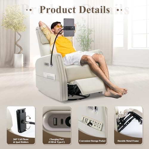 COLAMY 270 Power Swivel Glider Recliner Chair with Removable Mobile & iPad Holders, PU Leather Reclining Rocker with Built-in USB & Type-C Charging Ports for Nursery, Living Room & Office, Beige 7