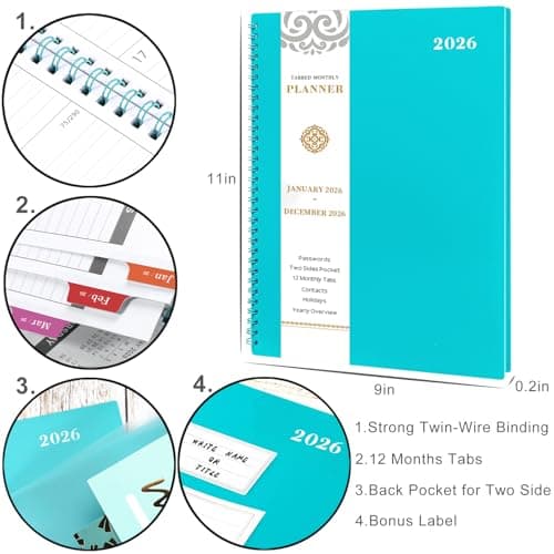 2026 Monthly Planner - JAN 2026 - DEC 2026 Planner/Calendar 2026, 12 Monthly Planners with Tabs & Pocket & Label, Contacts and Passwords, 9" x 11", Thick Paper, Twin-Wire Binding - Blue 5