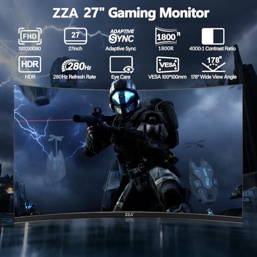 ZZA 27 Inch Curved Monitor 280Hz/240Hz FHD 1080P,Gaming Monitor 1800R VA Screen,Monitor 27 Inch 4000:1 120% sRGB,1Ms,AMD FreeSync,HDR,Low Blue Light,HDMI DP,VESA Support, DP Cable Incl 3