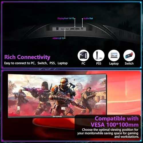 abytespark 34 Inch Curved Ultra Wide WQHD 4K (3440 × 1440) Gaming Monitor, 165Hz 1500R-PIP/PBP, 1ms (MPRT), HDR400, DCI-P3 95%,FreeSync & G-Sync, 2 x DP 1.4 and 2 x HDMI 2.0, Tilt Height Adjustment 9