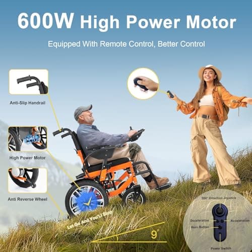Adult Foldable Electric Wheelchair, Elderly All-Terrain Mobility Aid Power Wheelchair Vehicle, 26Ah High Capacity Batteries,20 Miles Long Range, 600W Powerful Dual Motors, 330Lbs Large Load Capacity 5