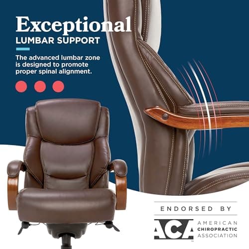 La-Z-Boy Delano Big and Tall Executive Office Chair - Ergonomic Lumbar Support Memory Foam - Bonded Leather Desk Chair for Home Office - Mahogany Wood Arms - Chestnut Brown 7