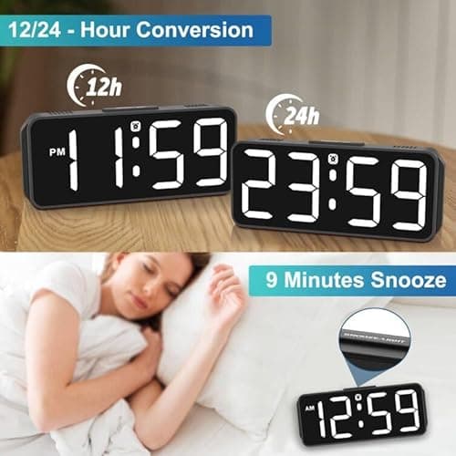 Peakeep Small Digital Alarm Clock Plug in for Bedrooms Bedside, Tiny Electric Clock Large Big Numbers Display Battery Backup for Desk Table, 6 Dimmers, 5 Adjustable Alarm Volume (White) 6