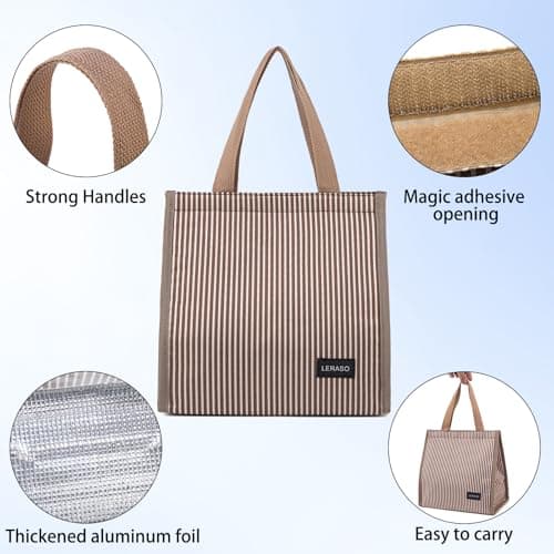 LERASO Insulated Lunch Bag for Work, 10.2"x5.9"x10.2" Oxford Waterproof Lunch Tote, Thermal Lunch Box for Office, Picnic & Outdoor, Pink and White Striped Canvas Tote Bag 5