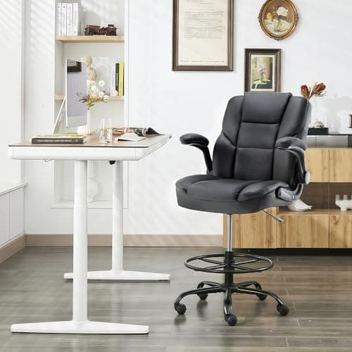 Drafting Chair 500Lbs, Tall Office Chair for Standing Desk, High PU Leather Executive Office Chair with Flip-up Armrests, Ergonomic High Chair with Adjustable Foot Ring, Comfy Stool Chairs, Black 9