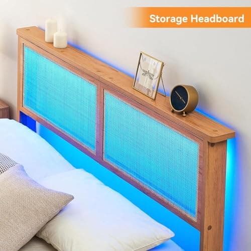 coucheta Rattan Bed Frame Full with Natural Rattan Headboard,Bohemian Rattan Bed Frame with LED Lights,Solid Wood Foundation with Silent Slats,No Box Spring Needed (Full) 6